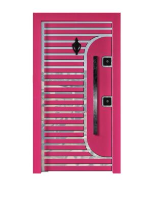 Beyaz Cam Detaylı Pembe Metal Panel Çelik Kapı