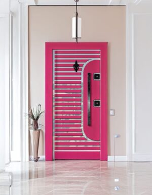 Beyaz Cam Detaylı Pembe Metal Panel Çelik Kapı
